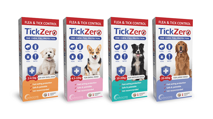 TickZero flea and tick control chewable tablet boxes for dogs of different sizes, arranged in a row.