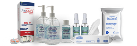 Bottles and boxes of medical products for disinfection and sanitization.
