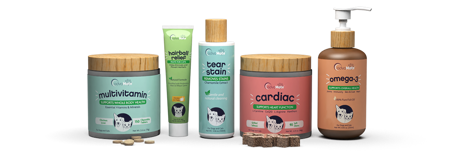 Health food supplements for pets in plastic jars.